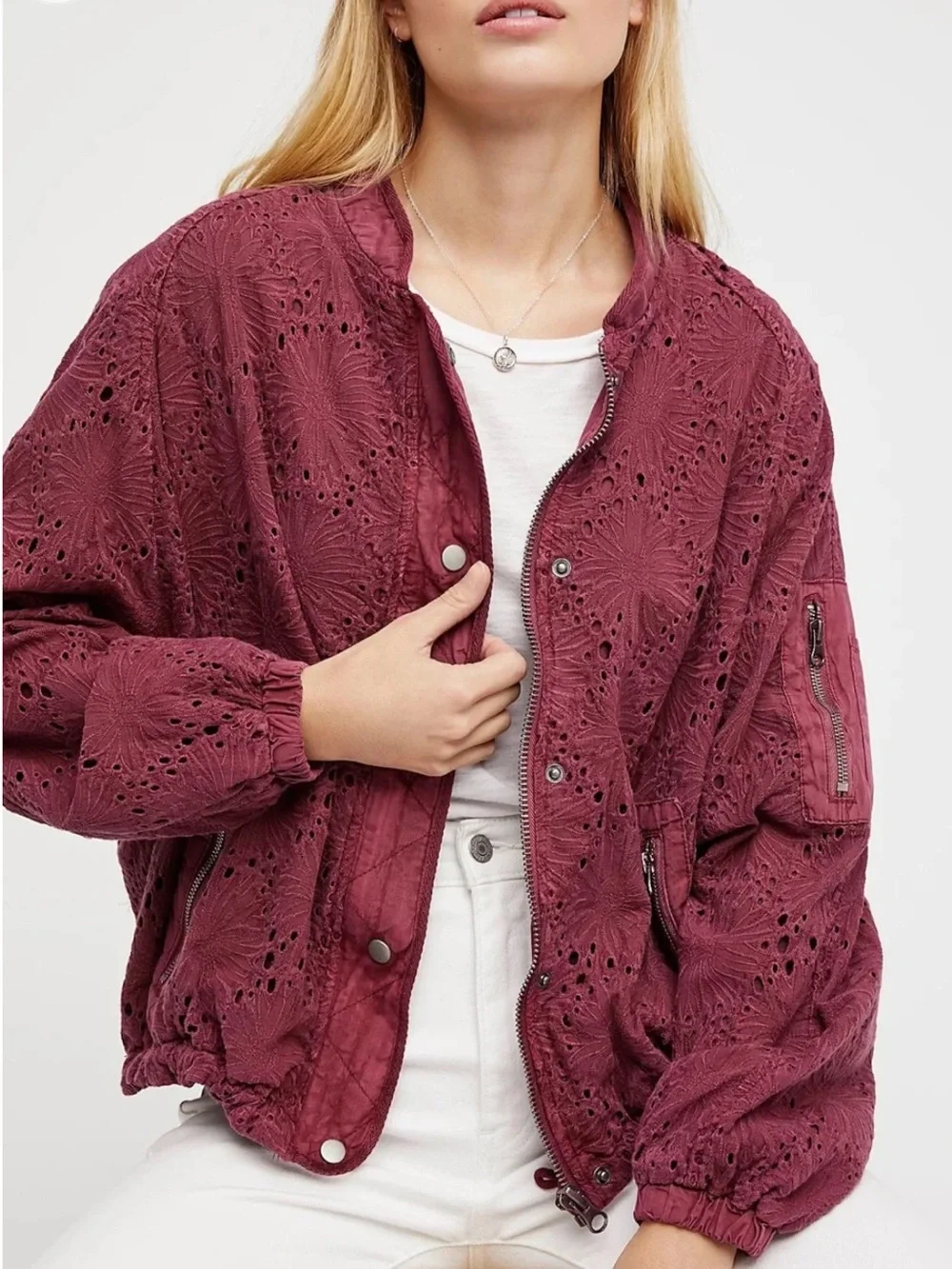 Free People Plum Eyelet Bomber Jacket